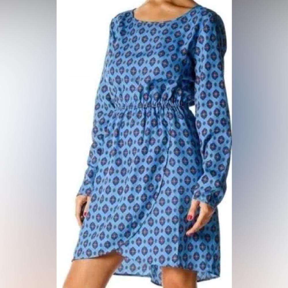 J. Crew Blue Floral Medallion Tulip Hem Long Sleeve Dress EUC